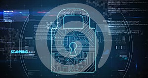 Image of padlock, data processing and text over scope