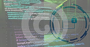 Image of padlock and digital data processing over computer servers