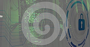 Image of padlock and digital data processing over computer servers