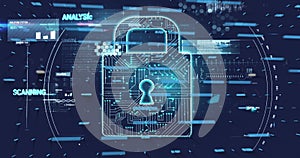 Image of padlock and digital data processing over dark background