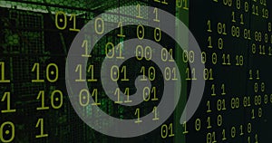 Image of padlock icon and data processing over server room