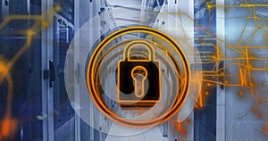 Image of padlock icon and data processing over server room