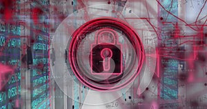 Image of padlock icon with data processing over server room