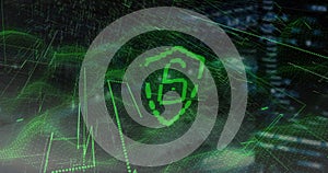 Image of padlock icon and digital data processing over cityscape