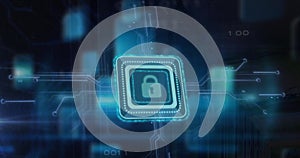 Image of padlock icon and digital data processing over computer circuit board