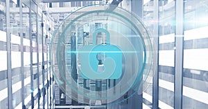 Image of padlock icon and digital data processing over computer servers