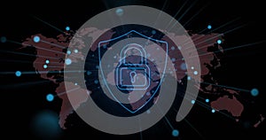 Image of padlock icon and digital data processing over world map