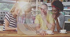 Image of padlock icon and light trails over diverse people using laptop
