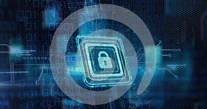 Image of padlock icon over computer circuit board and data processing