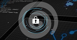 Image of padlock icon over data processing on black background