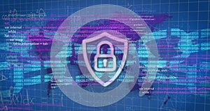 Image of padlock icon over data processing on blue background