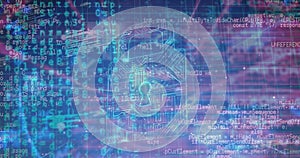 Image of padlock icon over data processing on blue background