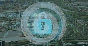Image of padlock icon over network and data processing over cityscape