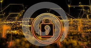 Image of padlock over data processing on black background