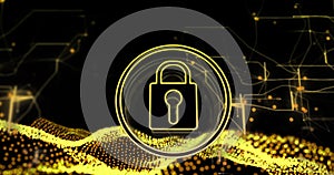 Image of padlock over data processing on black background