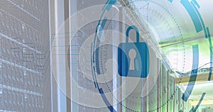 Image of padlock over data processing and server room