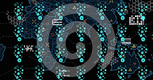 Image of padlock security icons and data processing over world map