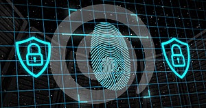 Image of padlock in shields, scanning fingerprint over low angle view of server racks