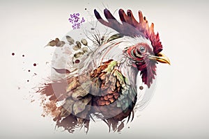 Image of a painting a rooster with colorful tropical flowers. Farm animals. illustration, Generative AI