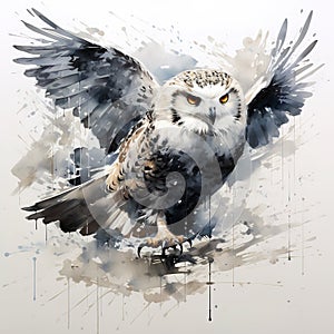 Image of painting snowy owl is flying on white background. Birds. Wildlife Animals. Illustration, Generative AI