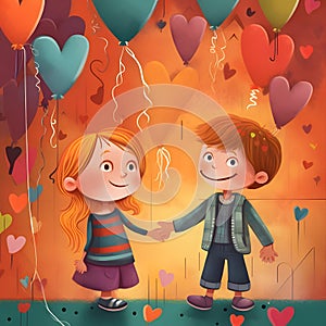 Image of a pair of boy and girl in love holding hands, around colored balloons in the shape of hearts.t as a symbol of