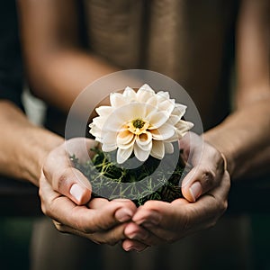 Hands holding pale pink flower