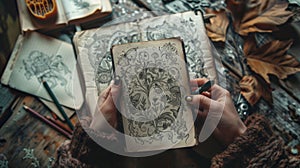 An image of a pair of hands holding a sketchbook filled with intricate pencil drawings and doodles showcasing someones photo