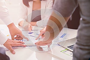 Image Panoramic close up hands of brainstorming group business people meeting to discuss the situation on the market. Business