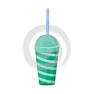 An image of a paper cup with a straw. A plastic cup for fast food. A green beverage cup with a straw. Vector