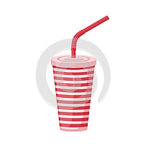 An image of a paper cup with a straw. A plastic cup for fast food. A red-striped beverage cup with a straw. Vector