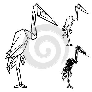 Image of paper origami of heron contour drawing by line.