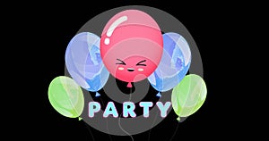 Image of party text over colorful balloons on black background