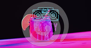 Image of party time neon text and cocktail on pink and black background