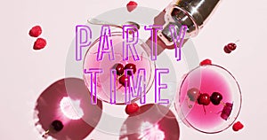Image of party time neon text and cocktails on white background