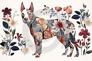 Image of pattern design using bull terrier dog and flowers and leaves. Pet. Animals. Illustration, Generative AI