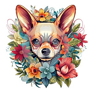 Image of pattern design using chihuahua dog and flowers and leaves. Pet. Animals. Illustration, Generative AI