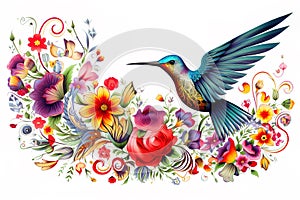 Image of pattern design using hummingbird and flowers and leaves. Wildlife Animals. Bird. Illustration, Generative AI