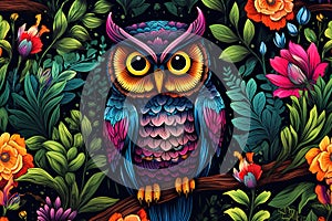 Image of pattern design using an owl and flowers and leaves. Wildlife Animals. Bird. Illustration, Generative AI photo