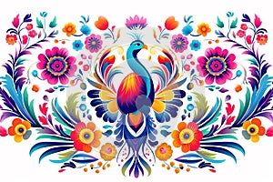 Image of pattern design using peacock and flowers and leaves. Wildlife Animals. Bird. Illustration, Generative AI