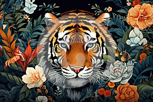 Image of pattern design using tiger face and flowers and leaves. Wildlife Animals. Illustration, Generative AI