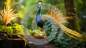 An image of a peacock displaying its colorful feathers or a parrot squawking loudly.
