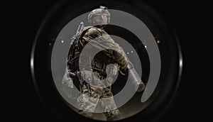 Image from the peephole of the apartment. A soldier of a special forces group knocks out the front door with an assault ram. SWAT