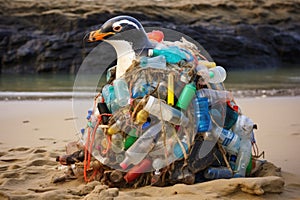 An image of a penguin sitting on top of a pile of plastic bottles in its polluted environment., Penguin on the beach with garbage