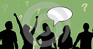 Image of people silhouettes with speech bubbles over question marks on green background