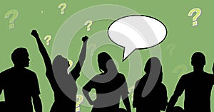 Image of people silhouettes with speech bubbles over question marks on green background