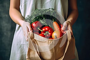 Image Of Person Holding Reusable Shopping Bag Filled With Fresh Fruits And Vegetables, Promoting Ecofriendly Shopping Habits.