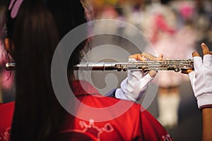Image of a person playing a flute in a parade
