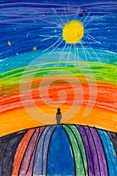 Image of person standing on hill with rainbow sky. Generative AI