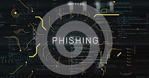 Image of phishing text and data processing over computer motherboard