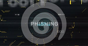 Image of phishing text and digital data processing over black background
